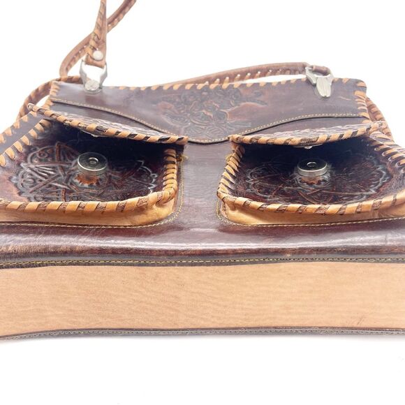 Vintage Tooled Leather Purse Brown Shoulder Bag Western Boho Saddlestitch - Picture 13 of 16